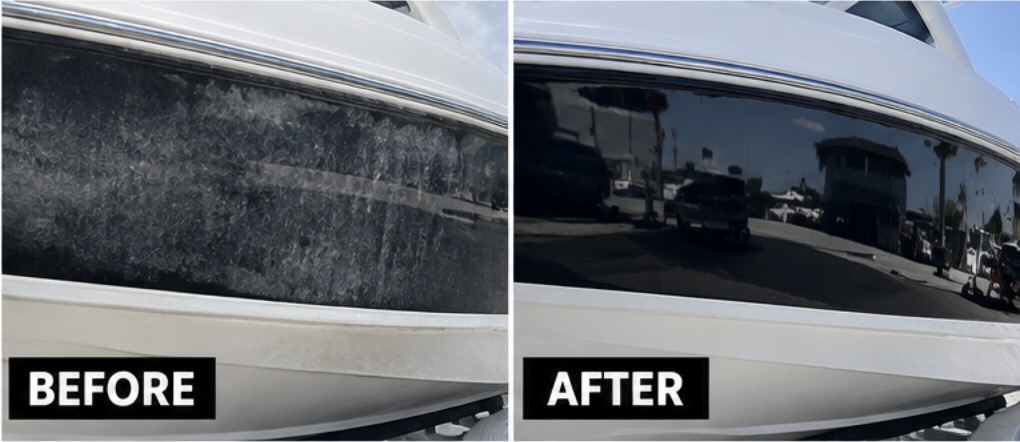 Boat exterior before and after detailing by Devil in the Detail Marine