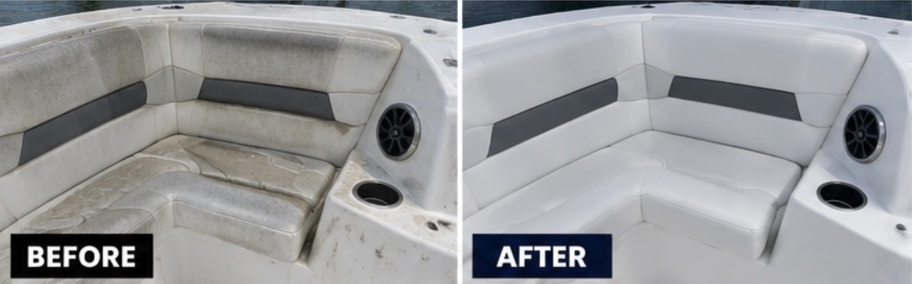 Boat interior before and after cleaning by Devil in the Detail Marine