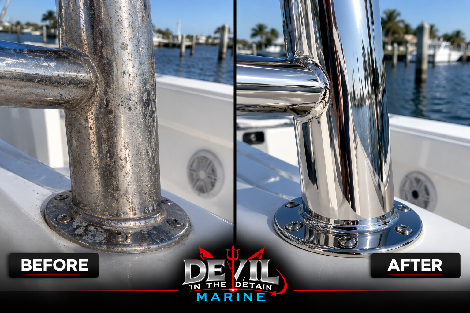Boat stainless steel before and after polishing by Devil in the Detail Marine